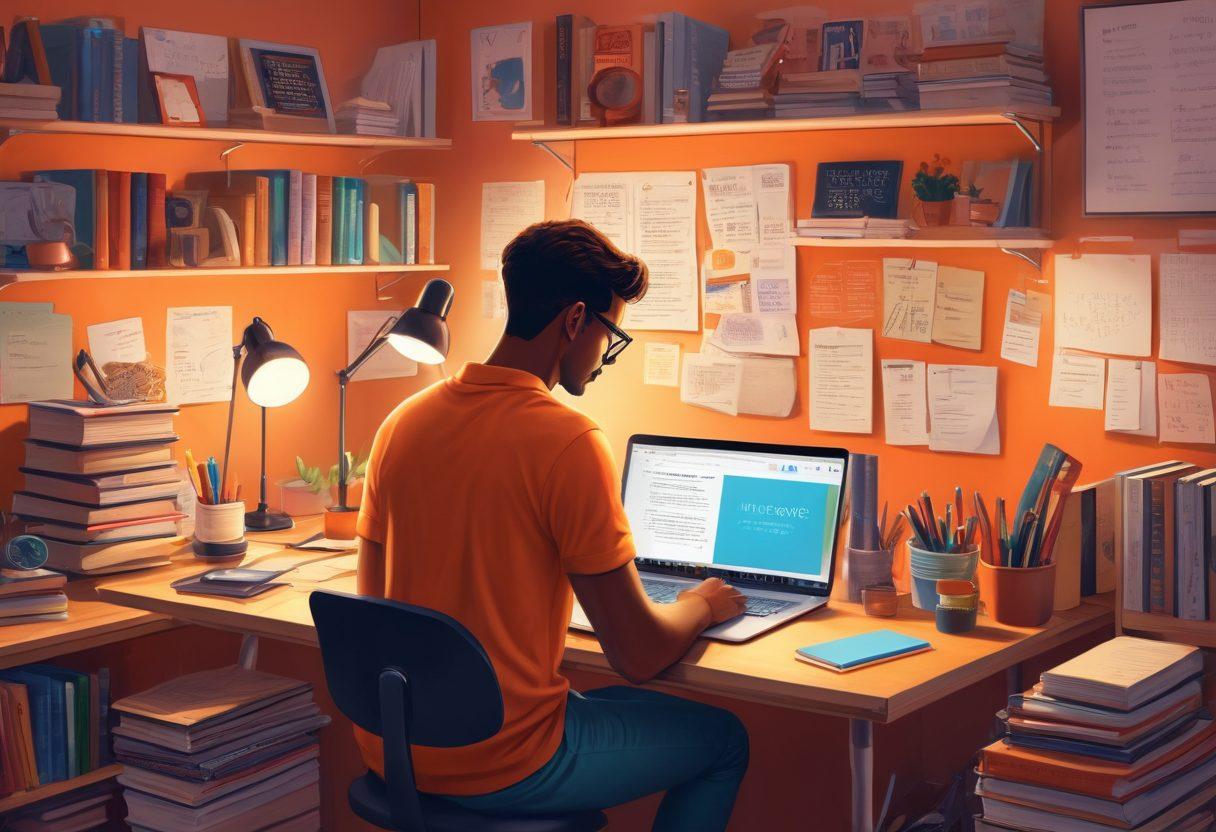 A vibrant illustration of a person sitting at a desk surrounded by essential blogging tools like a laptop, notepad, and microphone. The background features shelves filled with books about writing and blogging strategies, along with motivational quotes on the walls. Soft, warm lighting creates an inviting atmosphere, inviting the viewer to explore the world of blogging. super-realistic. vibrant colors. warm tones.