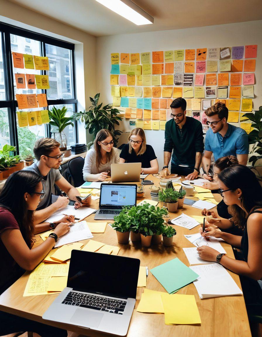 A diverse group of content creators collaborating around a large table, sharing ideas and resources, with laptops and notebooks open, surrounded by vibrant post-it notes and coffee cups, symbolizing a strong community. Brightly lit room filled with inspirational posters and greenery, creating a lively atmosphere that encourages creativity and support. super-realistic. vibrant colors. warm lighting.
